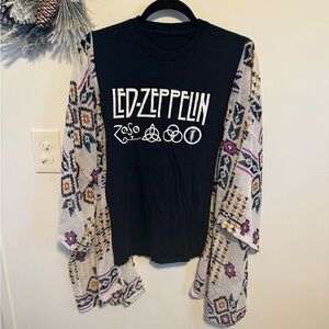 Handmade Custom Led Zeppelin Graphic Tee with Patterned Sleeves